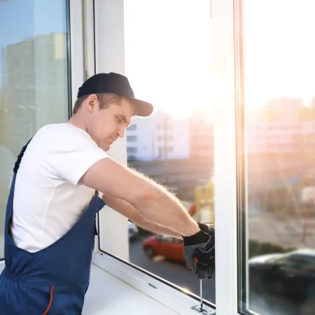 Construction worker repairing window in house شركة بيتنا الحديث